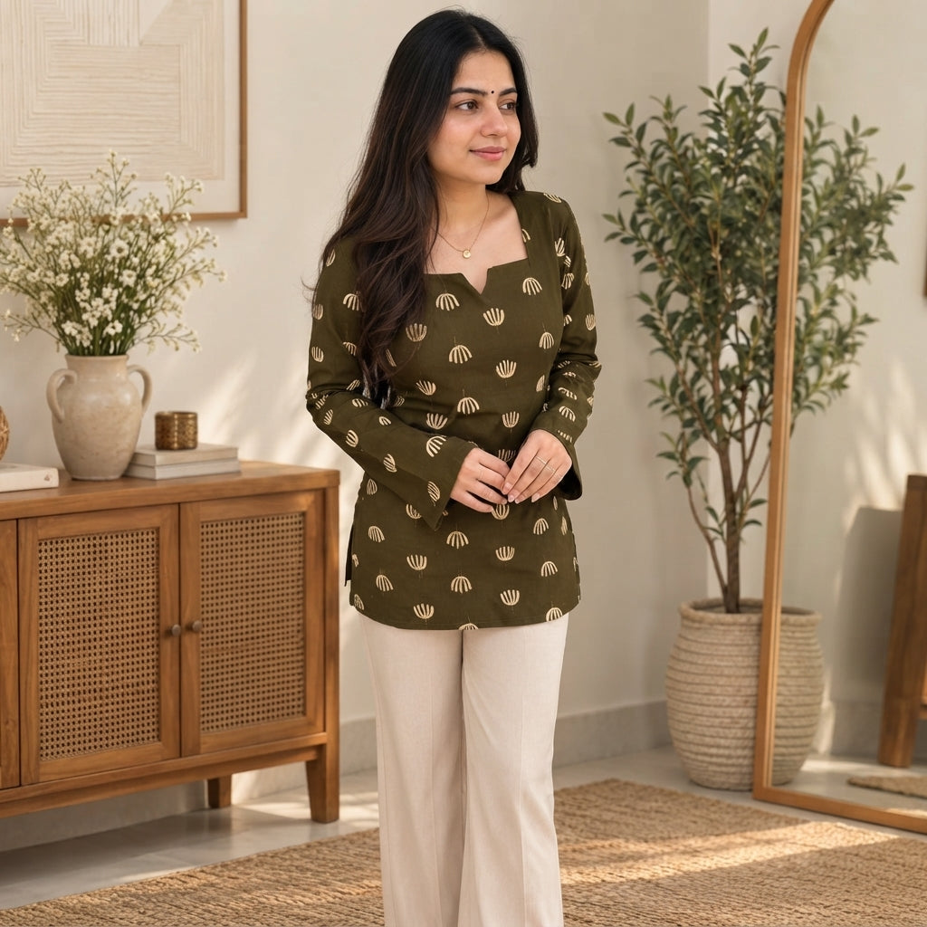 Olive Muse Printed Lace-Up Short Kurti