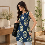 Indigo Blossom Sleeveless Printed Short Kurti