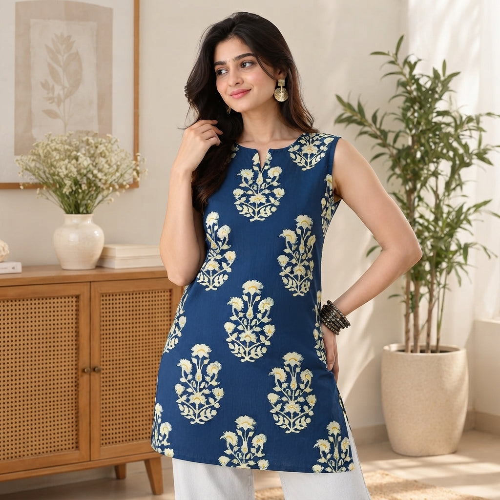 Indigo Blossom Sleeveless Printed Short Kurti