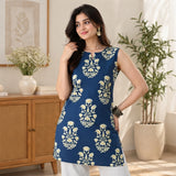 Indigo Blossom Sleeveless Printed Short Kurti