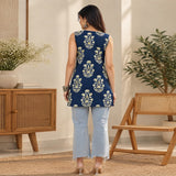 Indigo Blossom Sleeveless Printed Short Kurti