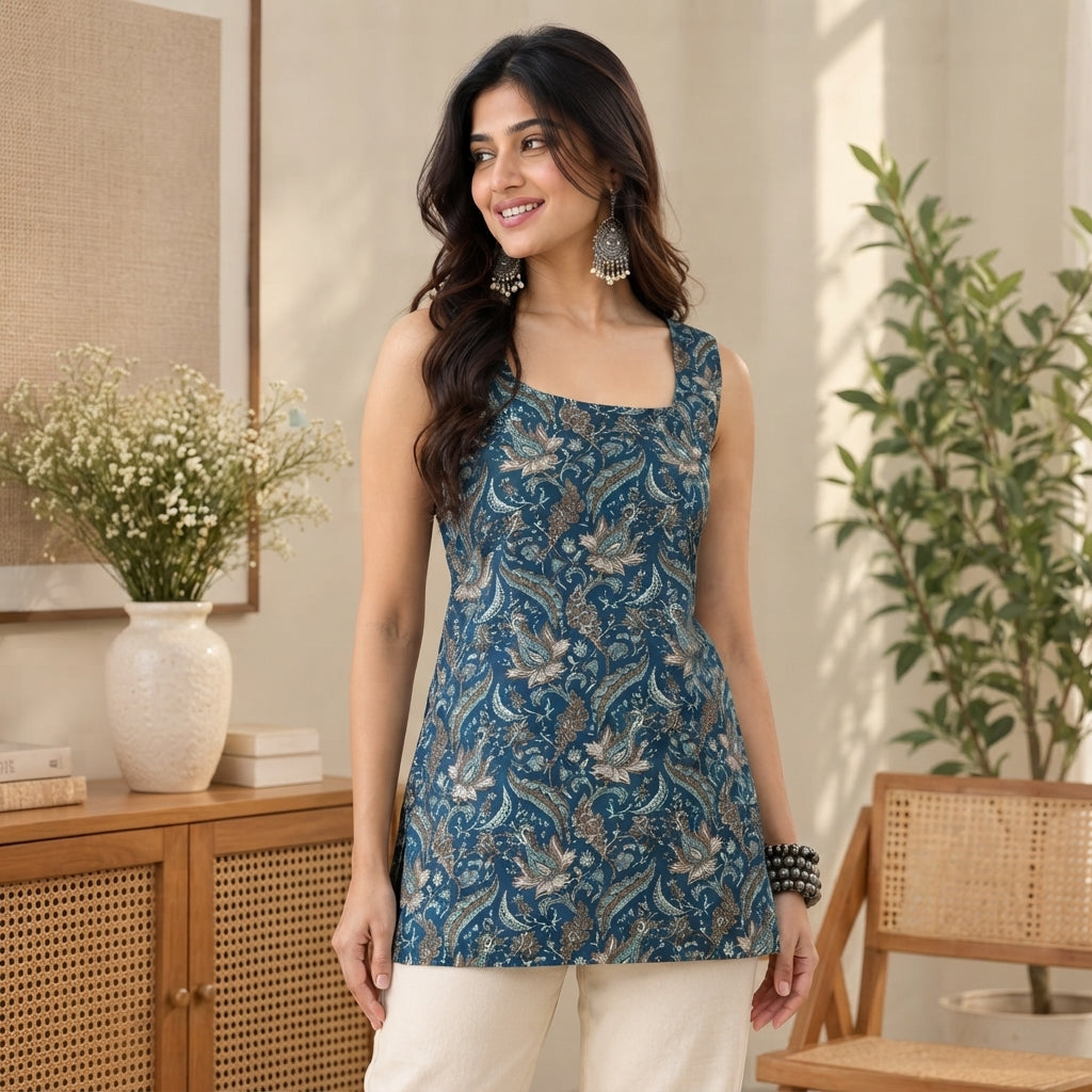Midnight Blue Floral Print Back-Tie Sleeveless Short Kurti