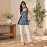 Midnight Blue Floral Print Back-Tie Sleeveless Short Kurti