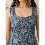 Midnight Blue Floral Print Back-Tie Sleeveless Short Kurti