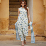 White Blue Floral Printed Sleeveless Kurta Pant Set with Dupatta
