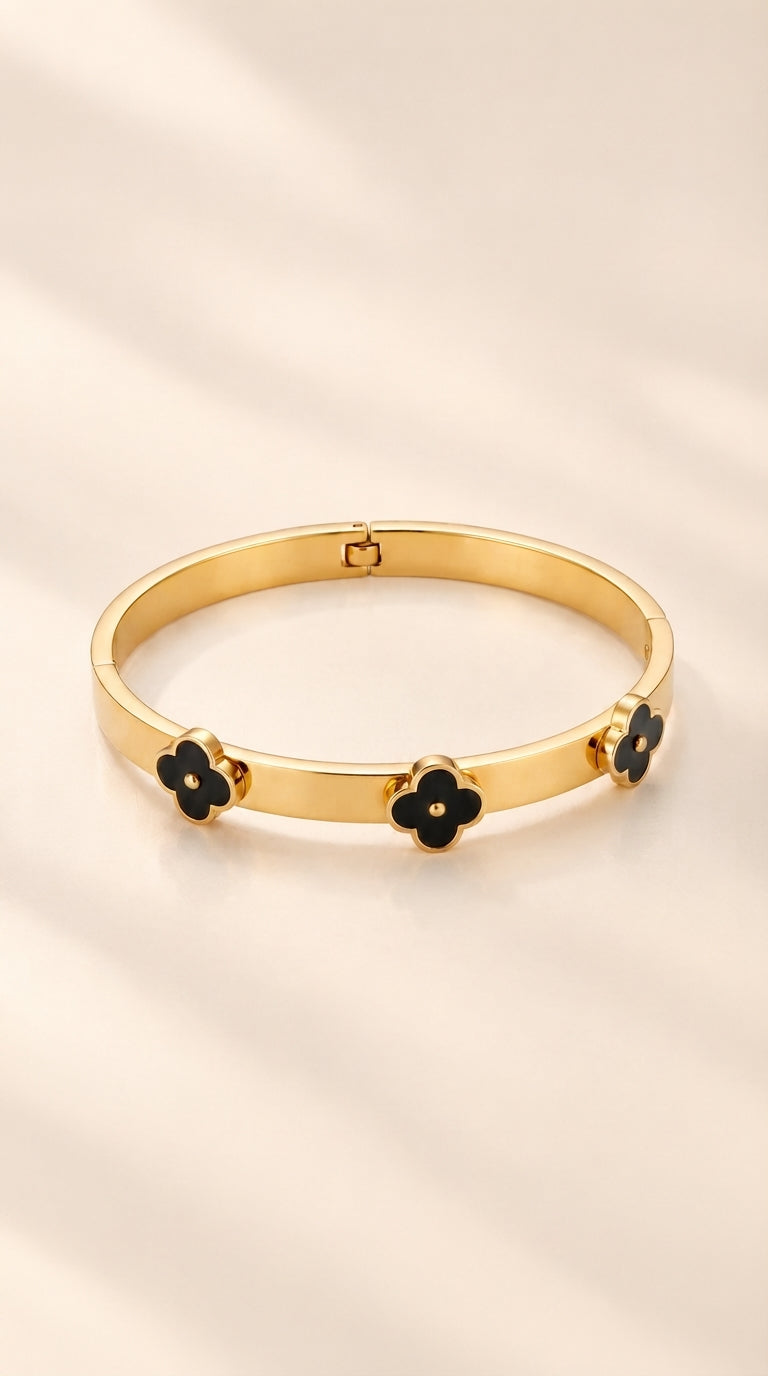 Zelya Anti-Tarnish Gold Clover Bracelet for Women | Black Clover Stainless Steel Bangle