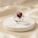 Zelya Ruby Heart Crystal Adjustable Ring for Women | Silver Halo Statement Ring