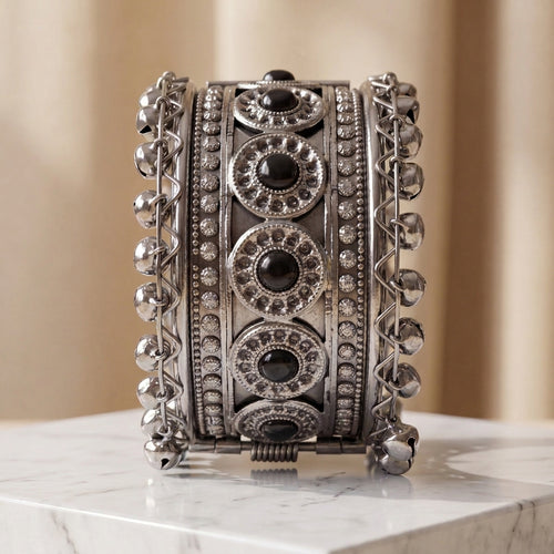 Zelya Premium Oxidised Black Stone Cuff Bracelet for Women | Traditional Ghungroo Ethnic Kada