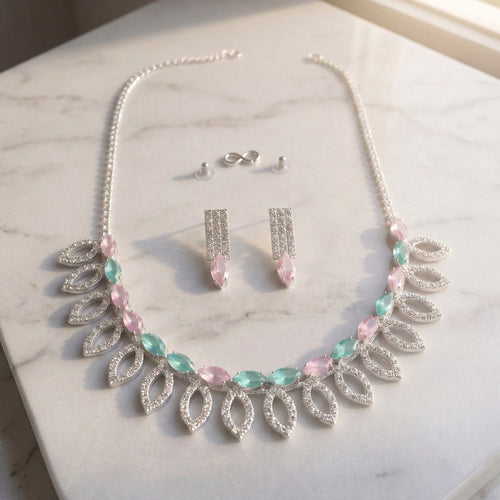 Pastel Leaf Crystal Necklace Set with Earrings