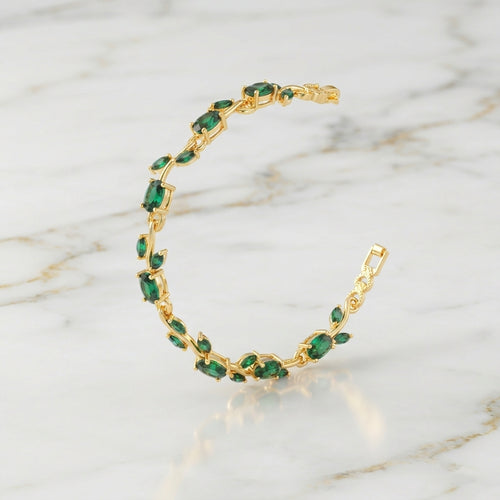 Zelya Anti-Tarnish Emerald Tulip Bracelet for Women | Gold Plated Green Crystal Bracelet