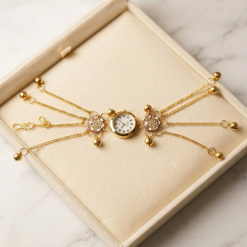 Kashmiri Heritage Bracelet Watch for Women | Gold-Plated Kundan Floral Bracelet Watch | Traditional Ethnic Jewelry Watch