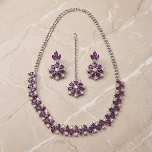 Zelya Royal Purple Crystal Necklace Set with Earrings & Maang Tikka for Women