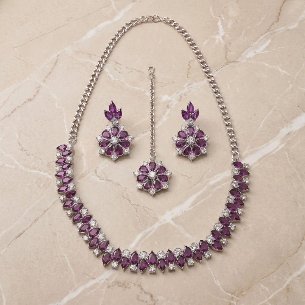 Zelya Royal Purple Crystal Necklace Set with Earrings & Maang Tikka for Women