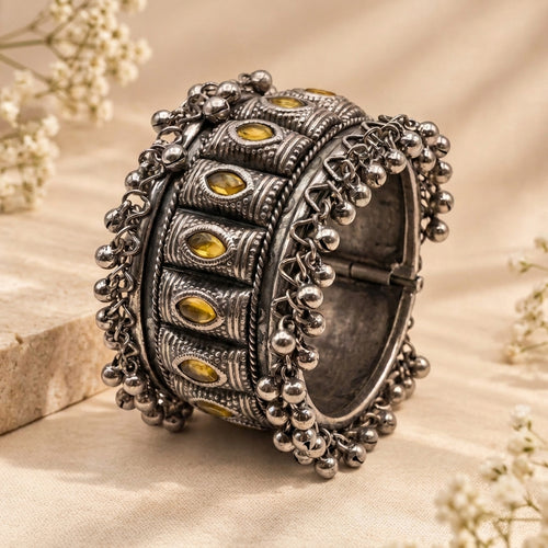 Amber Stone Oxidised Ghungroo Cuff Bracelet