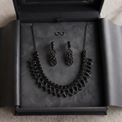 Zelya Black Crystal Statement Necklace Set with Matching Earrings
