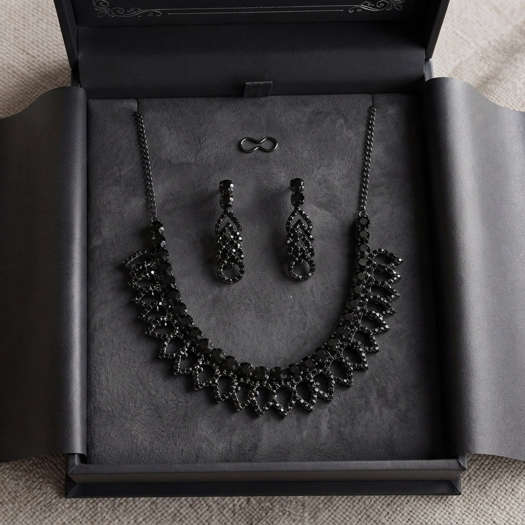 Zelya Black Crystal Statement Necklace Set with Matching Earrings