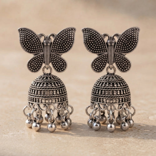 Oxidized Butterfly Jhumka Earrings – Antique German Silver Statement