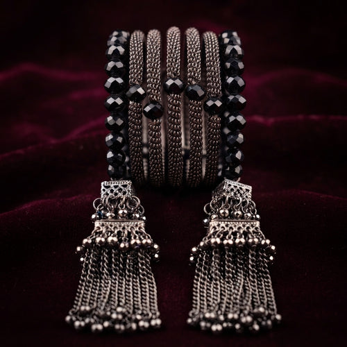 Zelya Black Crystal Multi-Layer Bracelet with Tassel Earrings Set for Women | Boho Statement Jewelry