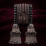Zelya Black Crystal Multi-Layer Bracelet with Tassel Earrings Set for Women | Boho Statement Jewelry