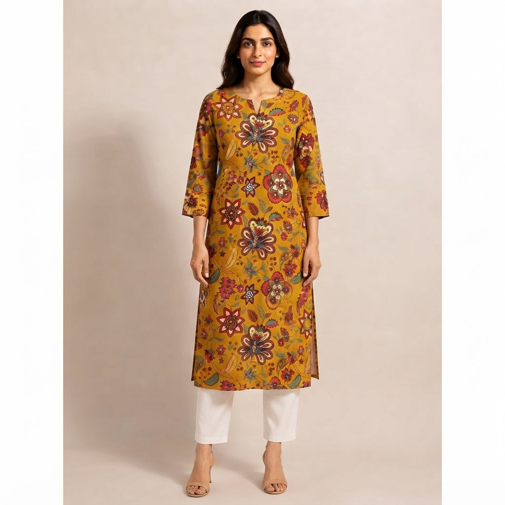 Women’s Mustard Yellow Floral Printed Straight Kurti