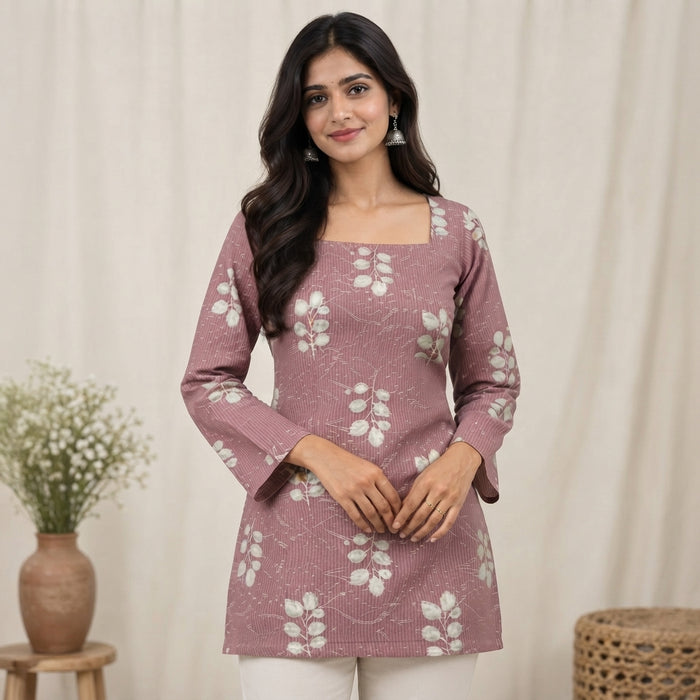Women’s Mauve Floral Printed Short Kurti with Square Neck & Lace-Up Back