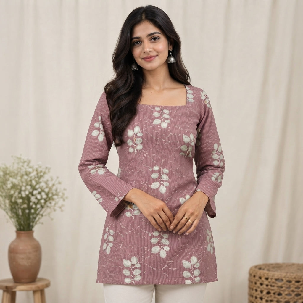 Women’s Mauve Floral Printed Short Kurti with Square Neck & Lace-Up Back
