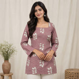 Women’s Mauve Floral Printed Short Kurti with Square Neck & Lace-Up Back