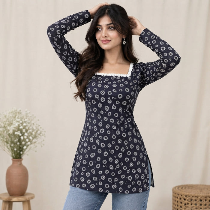 Women’s Navy Blue Floral Printed Short Kurti with Lace Neck & Back Tie-Up