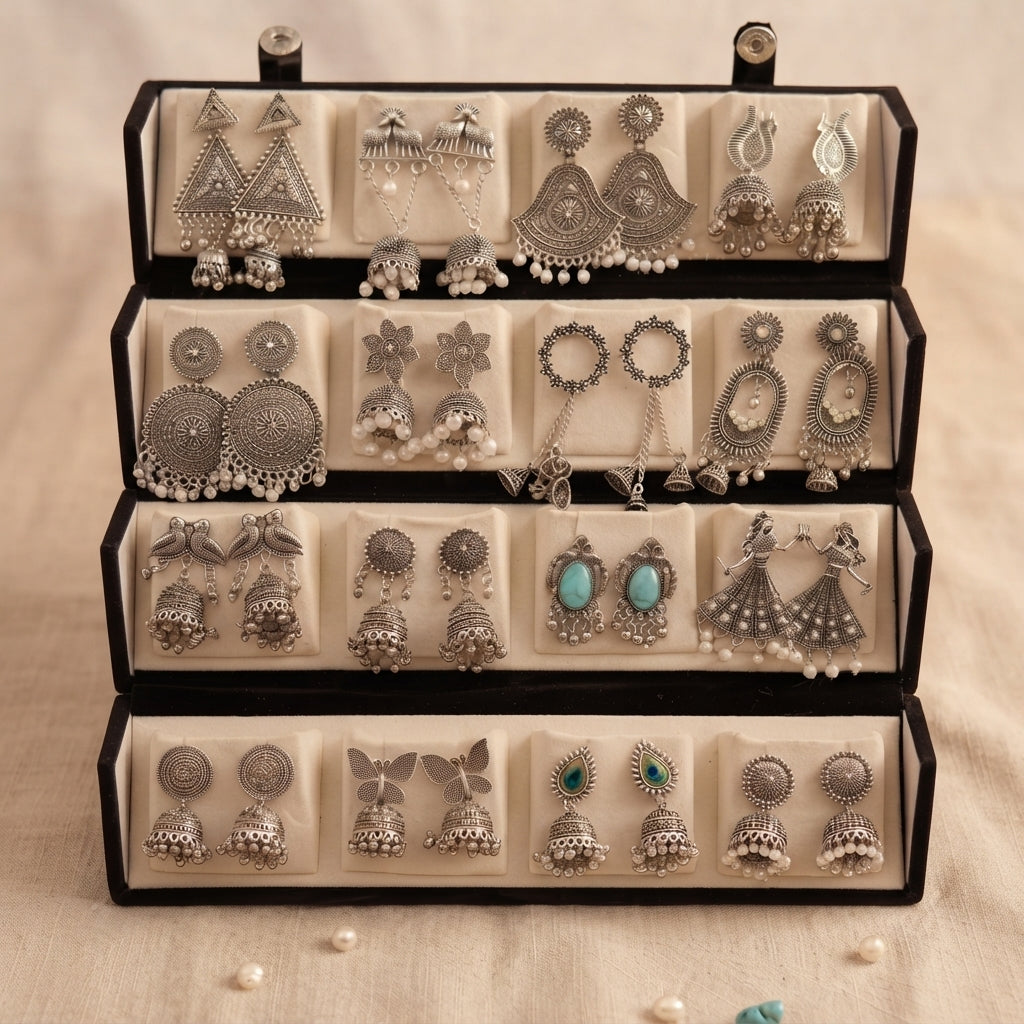 Set of 16 Oxidized Designer Earrings with Premium Folding Jewelry Box | Zelya