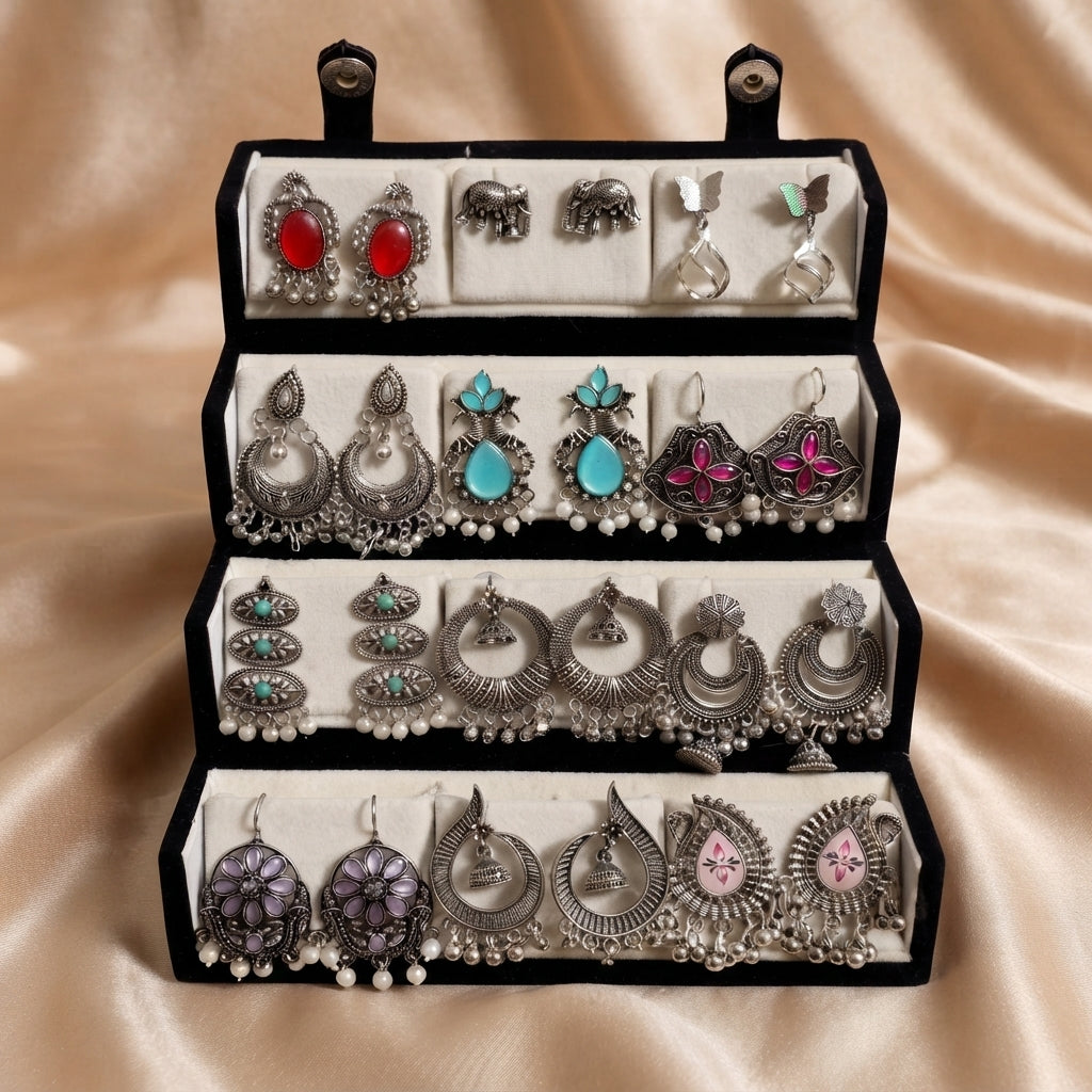 Set of 12 Oxidized Designer Earrings with Folding Jewelry Box | Zelya