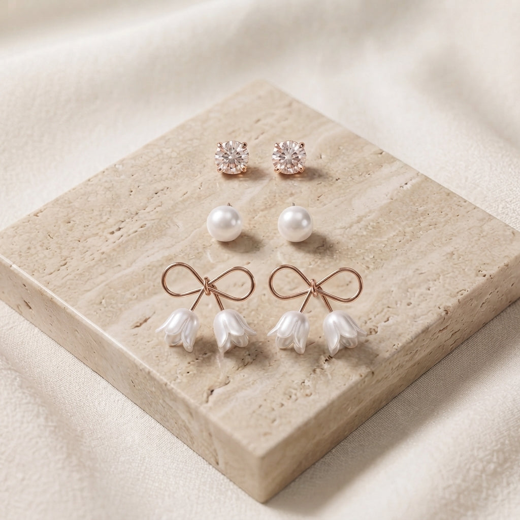 Zelya Elegant 3 Pair Earrings Gift Set for Women | Crystal Studs, Pearl Studs & Rose Gold Tulip Earrings