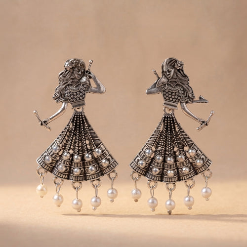 Oxidized Chandbali Jhumka Earrings with Pearl Drops – Antique German Silver