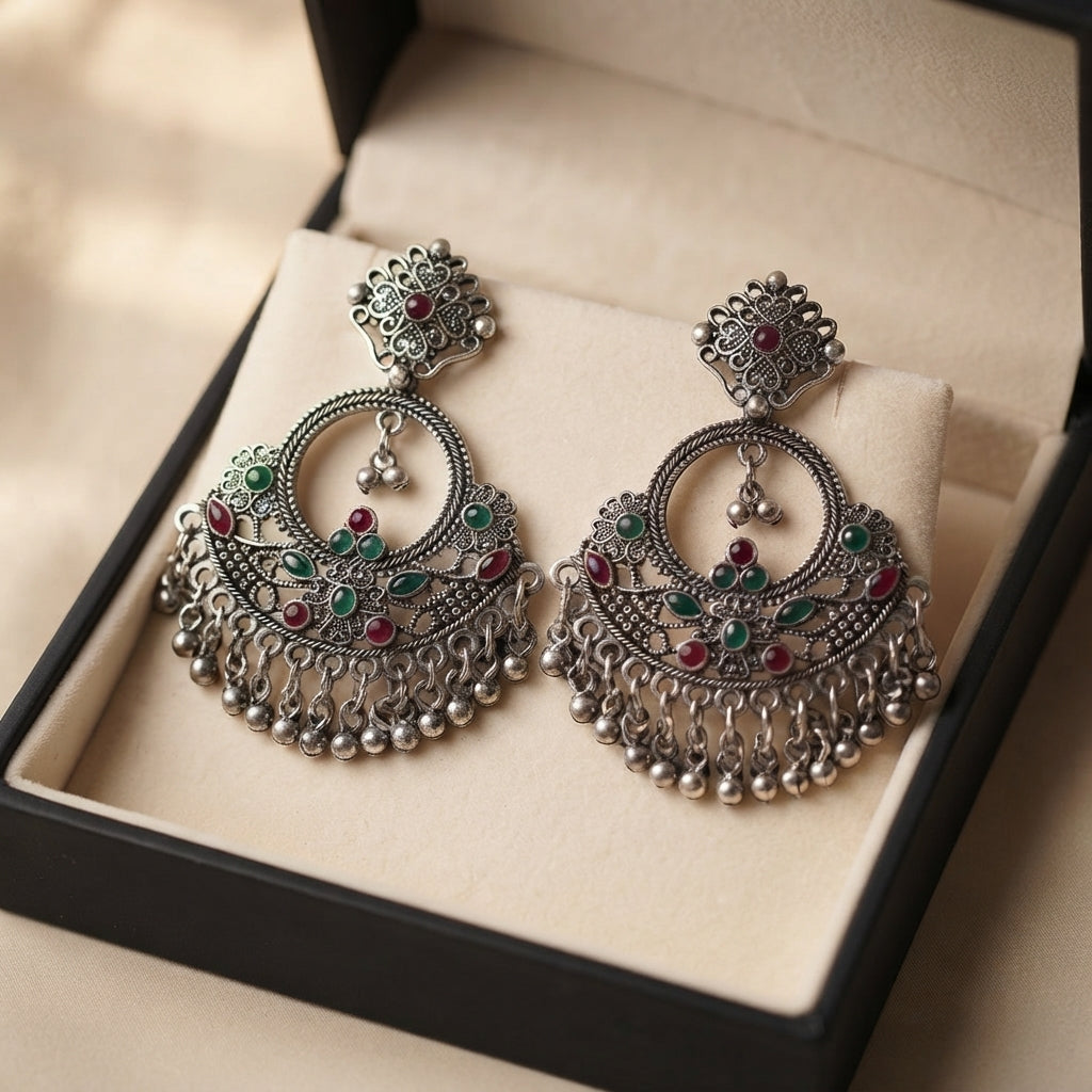 Oxidised Green & Ruby Stone Earrings