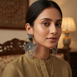 Oxidised Floral Chain Dangle Earrings