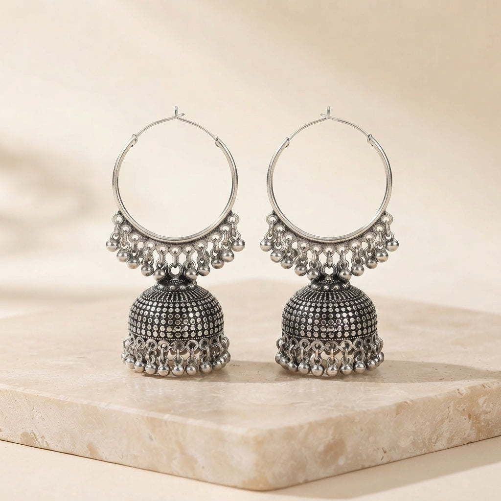 Oxidised Silver Hoop Jhumka Earrings