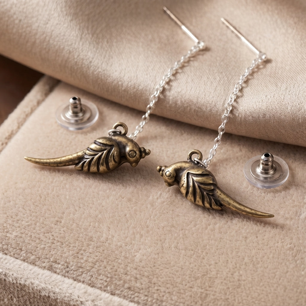 Bird Charm Brass Chain Earrings