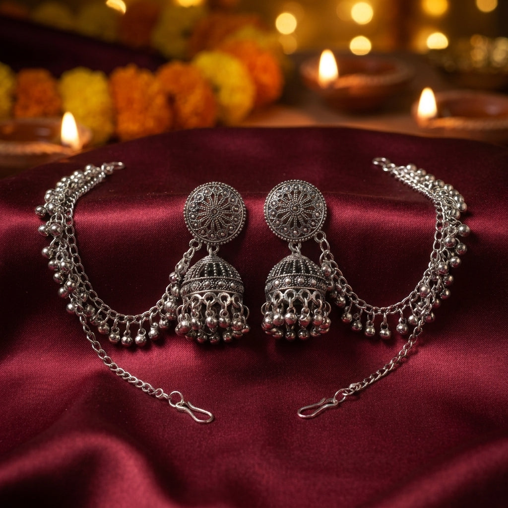 Oxidized Circular Jhumka Earrings with Ear Chain | Traditional Ethnic Earrings for Women