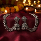 Oxidized Jhumka Earrings with Ear Chain | Traditional Boho Earrings for Women