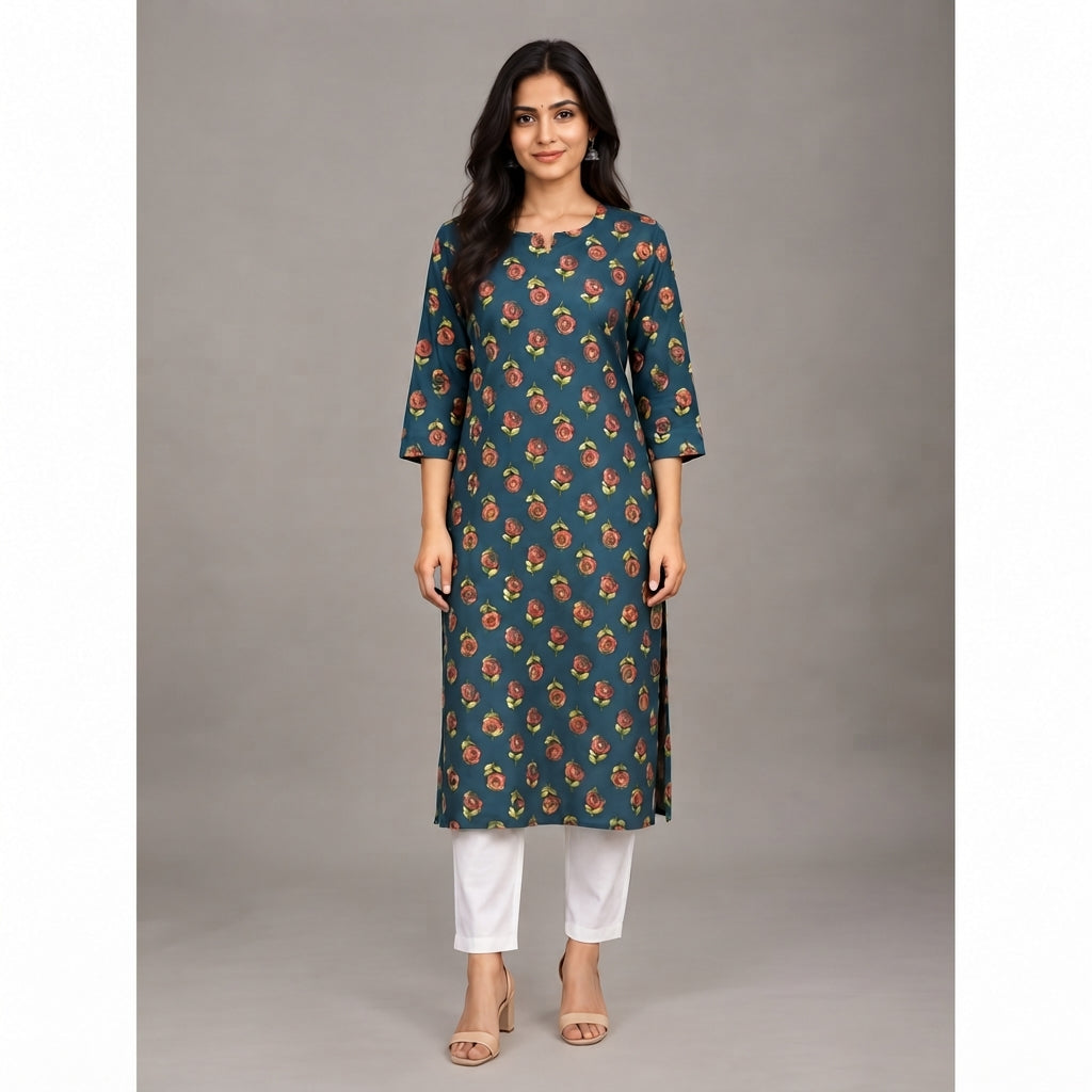 Women’s Teal Blue Floral Printed Straight Kurti
