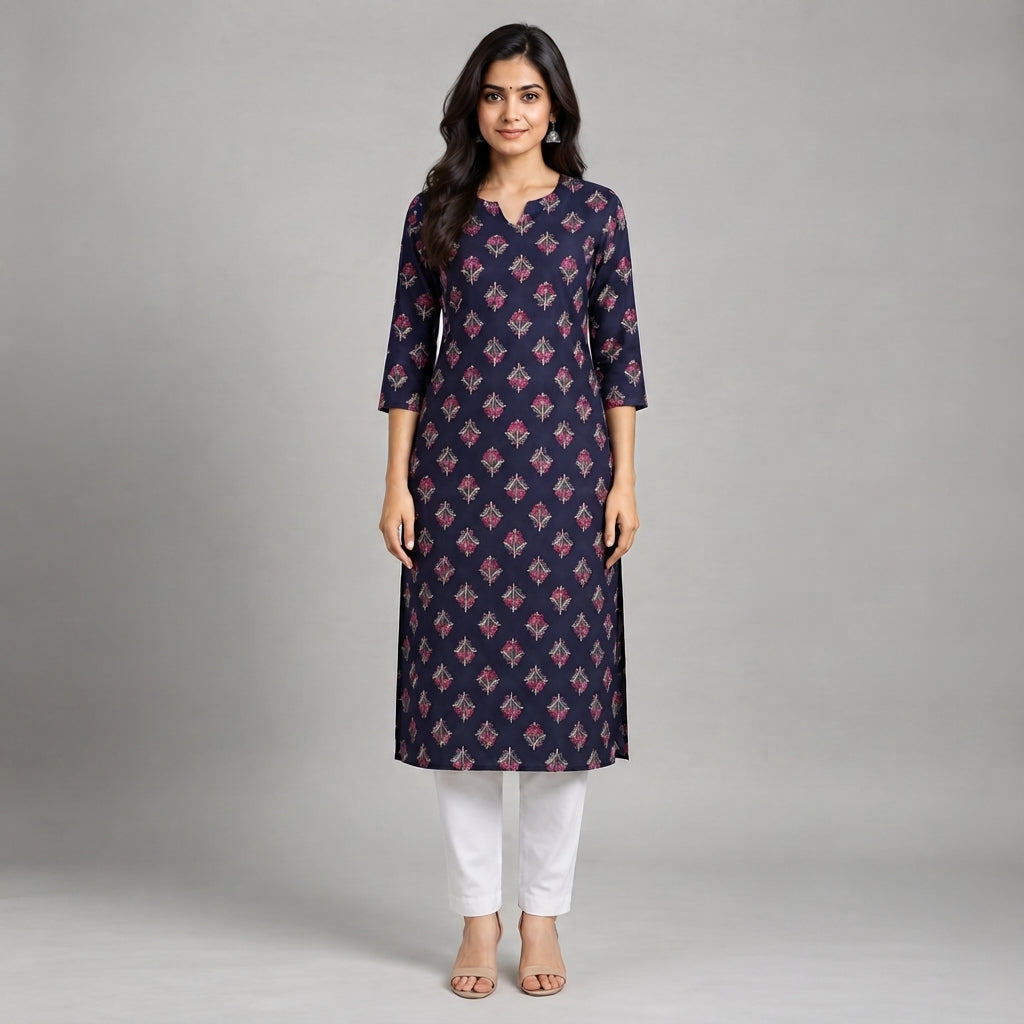 Women’s Navy Blue Diamond Floral Printed Straight Kurti