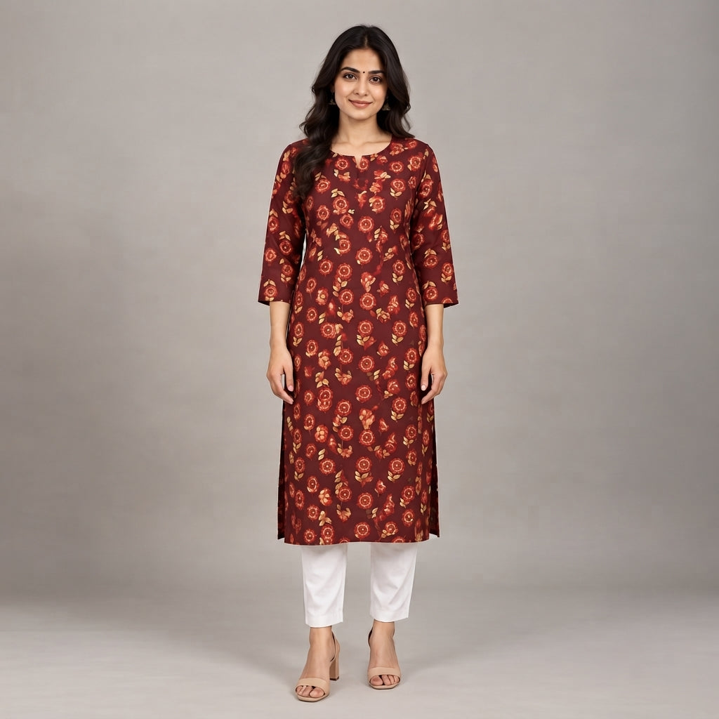 Women’s Maroon Floral Printed Straight Kurti
