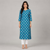 Women’s Teal Blue Floral Printed Straight Kurti
