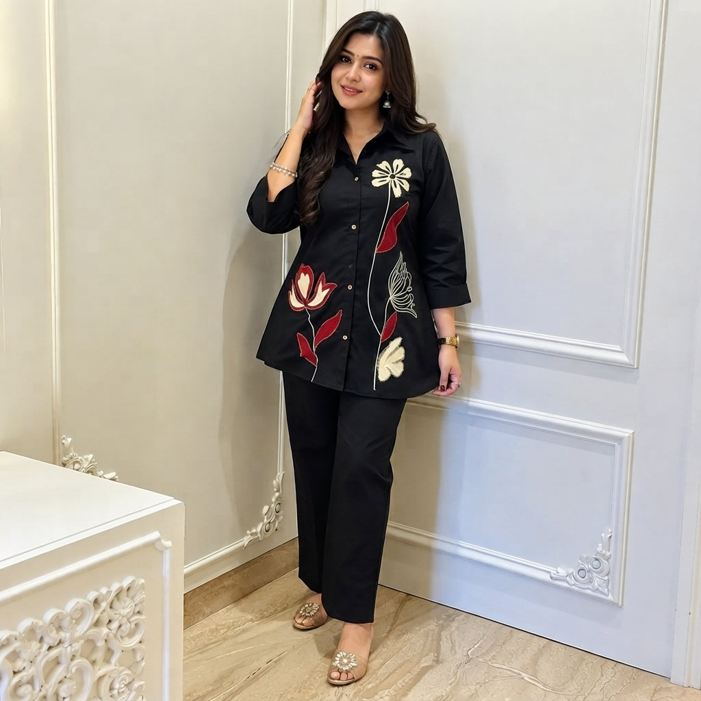 Women’s Black Floral Embroidered Co-ord Set with Wide-Leg Pants