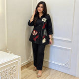 Women’s Black Floral Embroidered Co-ord Set with Wide-Leg Pants