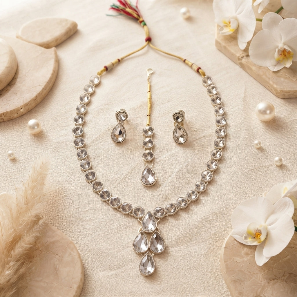 Zelya Premium Crystal bigdrop Necklace Set for Women | Silver Finish Adjustable Necklace with Earrings & Maang Tikka