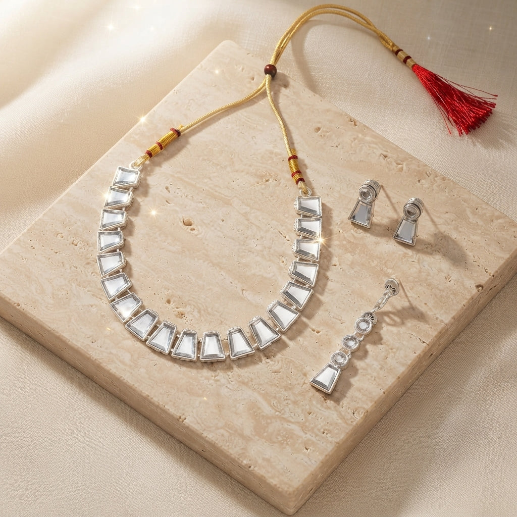Zelya Mirror Crystal Adjustable Necklace Set for Women | Silver Finish Choker with Matching Earrings | Statement Jewellery Set