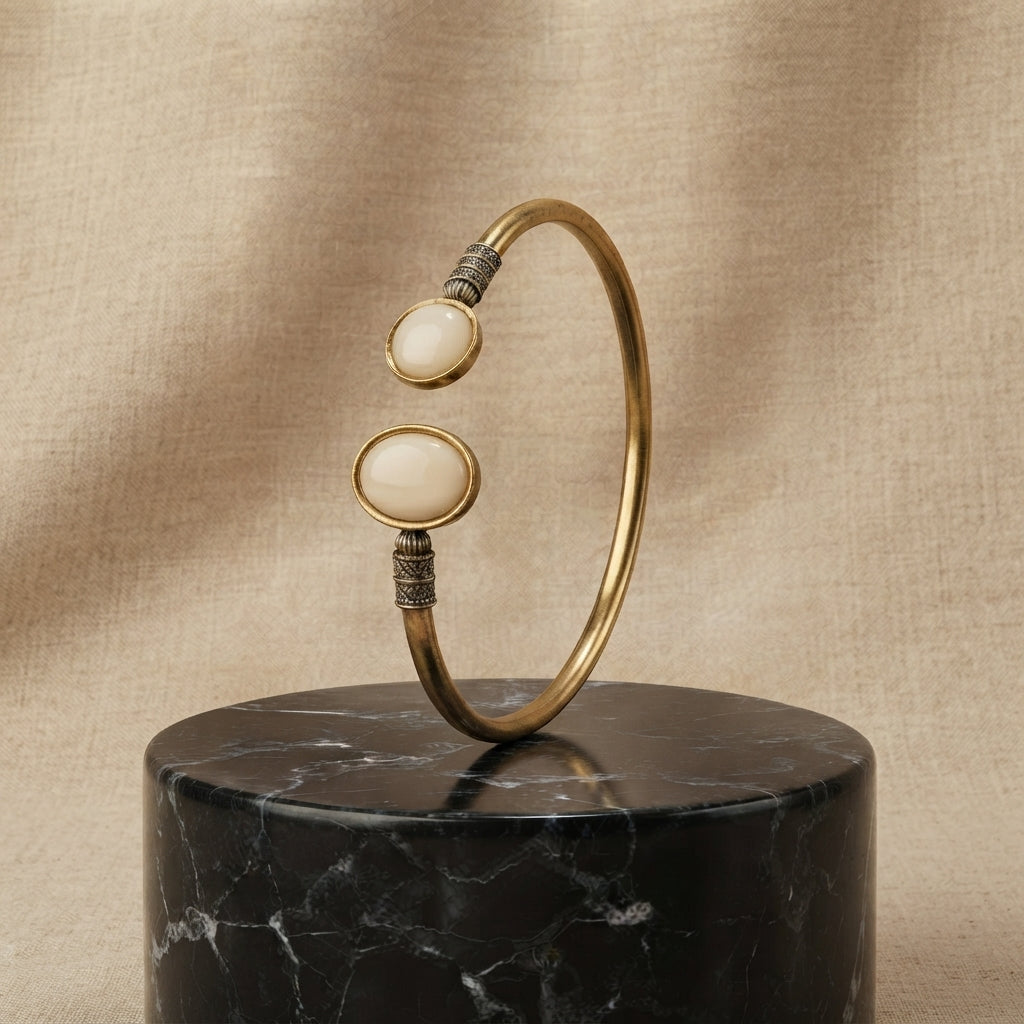 Antique Dual Stone Adjustable Cuff Bracelet for Women | Vintage Brass Open Bangle | Ivory Stone Ethnic Bracelet