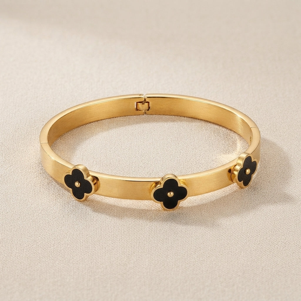 Zelya Anti-Tarnish Gold Clover Bracelet for Women | Black Clover Stainless Steel Bracelet
