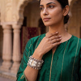 Zelya Traditional Oxidised Cowrie Shell Cuff Bracelet for Women | Tribal Boho Statement Bracelet