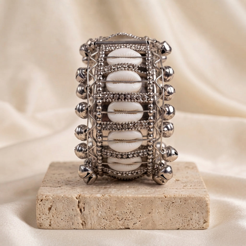 Zelya Premium Oxidised Cowrie Shell Bracelet for Women | Handmade Ghungroo Ethnic Cuff Bracelet